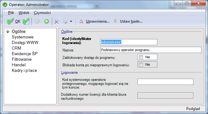 Dodanie operatora i przypisanie mu uprawnień Operatora dodajemy na formularzu Opcje Systemowe Operatorzy. Rys.