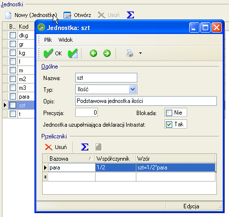 Definiowanie jednostek Dodawanie jednostek Dodawanie nowych jednostek odbywa się na liście Opcje Handel Jednostki. Sekcja Ogólne. Parametry: Rys.