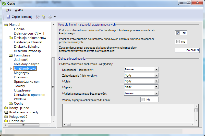 Limit kredytowy Zakładka zawiera zestaw parametrów ogólnych służących do konfigurowania kontroli limitów kredytowych i należności przeterminowanych.