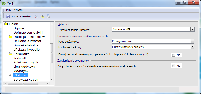 Płatności Formularz zawiera ustawienia określające domyślną tabelę kursową oraz ewidencję bankową i kasową. Pozwala aktywować funkcje związane z limitami kredytowymi. Rys.