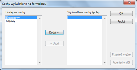 konfiguracyjne. Dodanie cechy wymagalnej odbywa się przez przeniesienie wybranej cechy z okna Dostępne cechy do okna Wyświetlane cechy (pola).