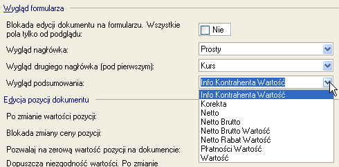 Rys. 202 Wygląd formularza dokumentu przy ustawieniu: Nagłówek = Prosty, Nagłówek drugi = Kurs Wygląd podsumowania - określa dostępne pola na pierwszej zakładce Ogólne formularza dokumentu, pod