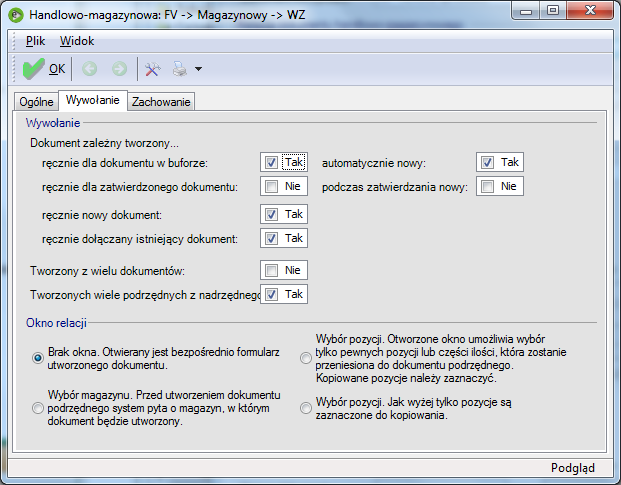 Wywołanie zakładka formularza szczegółów relacji Rys. 209 Zakładka Wywołanie okna relacji między dokumentami Parametry: Sekcja Wywołanie.