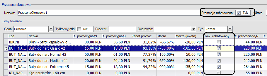 Tworzenie przecen okresowych Tworząc nową przecenę okresową należy nadać jej charakterystyczną nazwę, ustawić, w jakim okresie przecena ma obowiązywać oraz wybrać typ cen do których ma się odnosić.