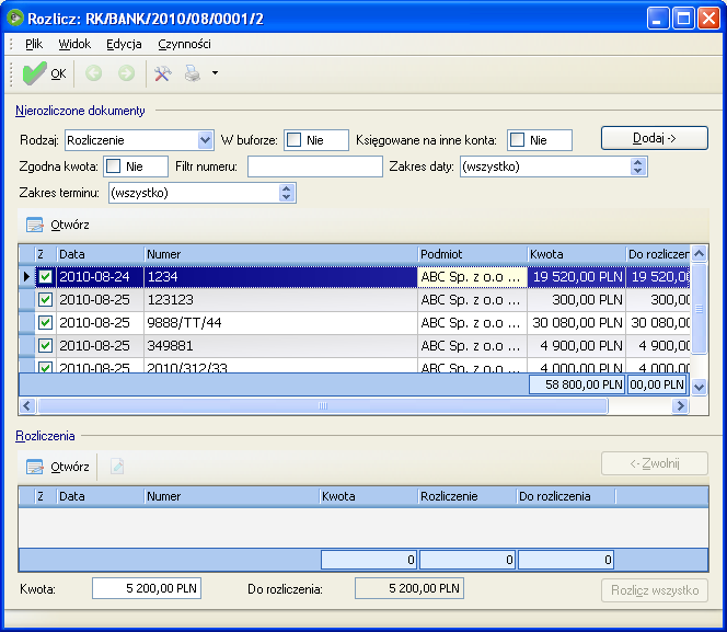 Rys. 239 Rozliczanie dokumentów Filtry dostępne na rozliczeniu: Rodzaj: Rozliczenie / Rozliczenie zwrotu. W buforze: Pokazuje płatności będące w buforze (takich płatności nie można rozliczyć).