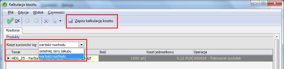 Rys. 250 Kalkulacja kosztu wytworzenia produktu Na liście prezentowane są produkty z jednostkowym kosztem wytworzenia (przypadającym na jednostkę produktu).