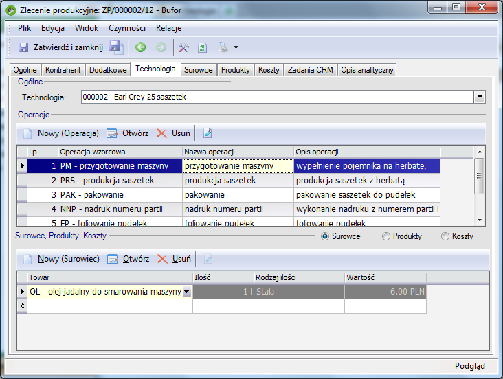 Zakładki Surowce, Produkty, Koszty są widoczne po wybraniu technologii. Pozycjami zlecenia produkcyjnego mogą być wyłącznie produkty.