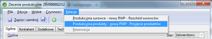 Rozchód surowców i przyjęcie produktów Ze zlecenia produkcyjnego można generować dokumenty rozchodu surowców (RWP) i przyjęcia produktów (PWP).