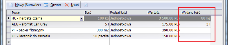 Rys. 258 Zakładka Dokumenty okna Pozycji technologii Ilości surowców i produktów, na które zostały już wygenerowane dokumenty RWP/PWP (albo inne w relacji produkcyjnej) mogą być wyświetlone na ich