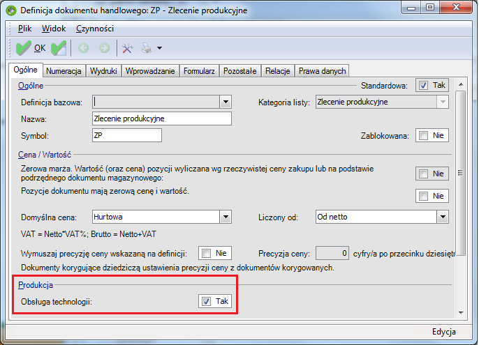 Konfiguracja Definicja dokumentu Funkcjonalność zlecenia produkcyjnego polegającą na obsłudze technologii i jej powiązaniu z pozycjami dokumentu uzyskujemy włączając parametr definicji dokumentu