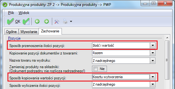 Cena rzeczywista Jeśli produkty maja być przyjmowane do magazynu według cen rzeczywistych, należy wprowadzić następujące ustawienia parametrów w definicji relacji ZP->PWP: Sposób przenoszenia ilości