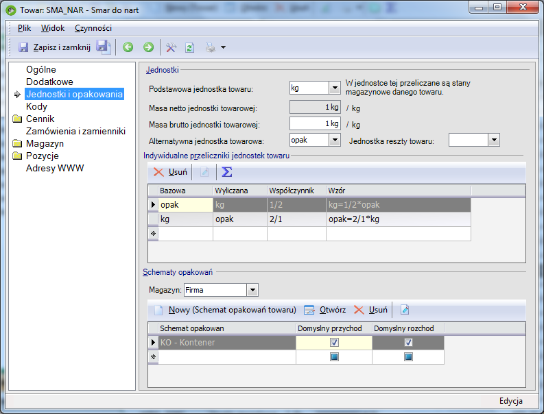 Jednostki i opakowania zakładka karty towaru Sekcja Jednostki: Rys. 30 Zakładka Jednostki i opakowania karty towaru Podstawowa jednostka towaru parametr tożsamy z parametrem z zakładki Ogólne.