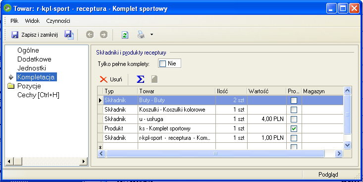 Sekcja Składniki kompletu: Karta przechowuje w tabeli jedną procedurę kompletacyjną. Można ją na bieżąco modyfikować przed procesem kompletacji.