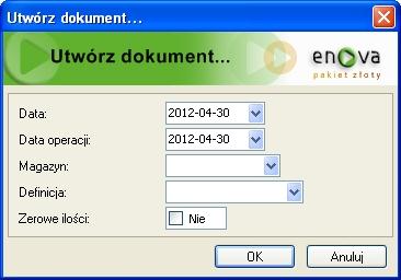 46 Funkcja Utwórz dokument Zanim utworzony zostanie dokument, operator musi wypełnić prosty formularz z parametrami, w którym przede wszystkim musi zdefiniować, w którym magazynie powstanie dokument