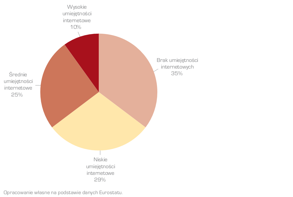 Struktura społeczeństwa polskiego pod względem umiejętności internetowych w 2012 Ogólnie 35% mieszkańców Polski nie posiada żadnych umiejętności potrzebnych do