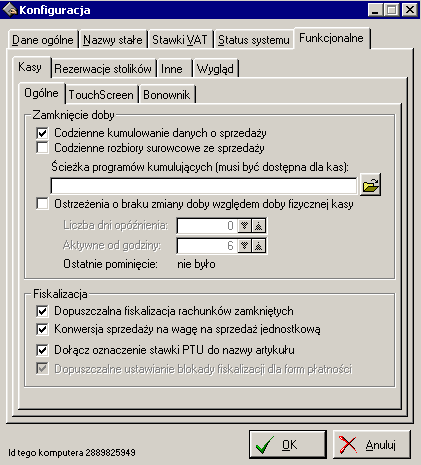 Konfiguracja 3 Funkcjonalne Parametry regulujące działanie różnych funkcji systemu. Kasy Codzienne kumulowanie danych o sprzedaży - kumulacja wykonywana w trakcie zamykania doby.