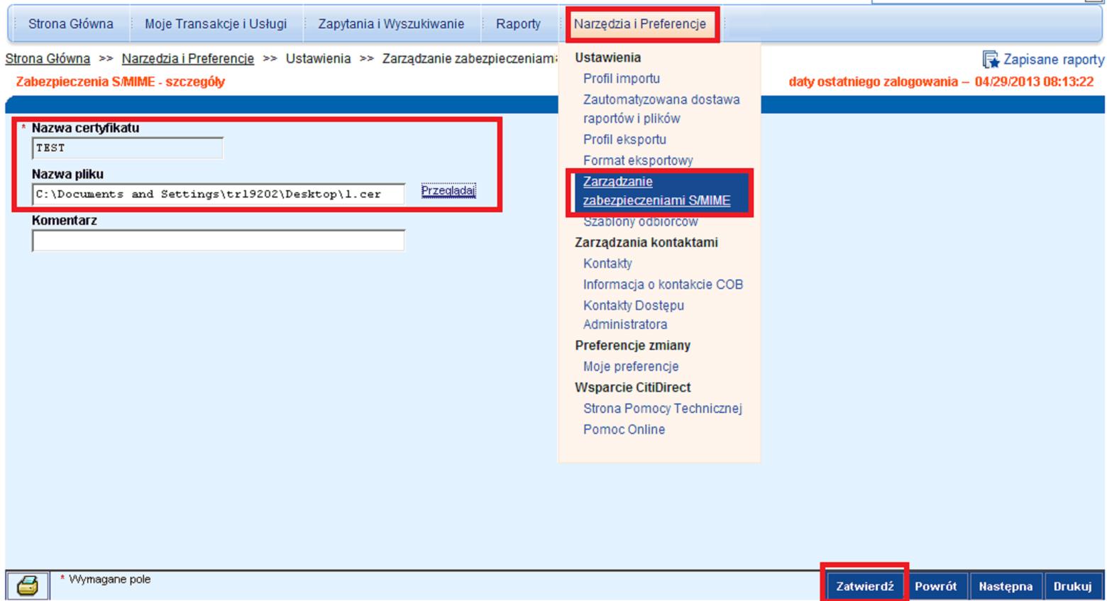 5.2 Instalowanie certyfikatu X509 Wejdź w Narzędzia i Preferencje w górnym menu, a następnie w Zarządzania zabezpieczeniami S/MIME. Kliknij Nowy i wpisz dowolną nazwę dla certyfikatu.