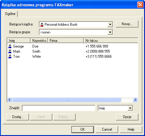 5.3 Książka adresowa programu FaxMaker Uwaga: W przypadku korzystania z programu Microsoft Outlook domyślną książką adresową jest książka adresowa programu Outlook, a nie książka adresowa programu