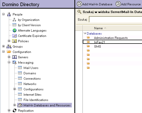 Domino/Przemkow po czym kliknąć w przycisk Save & Close. Rys. 18 Widok zakładki Mail Information Domeny Extrafax Po zamknięciu dokumentu należy przejść na widok Mial-In Databases and Resources.