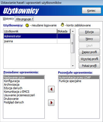 4. Użytkownicy programu Po instalacji programu jedynym zarejestrowanym jest użytkownik o nazwie Administrator (z pustym hasłem), który ma uprawnienia do wykonania wszystkich funkcji programu.