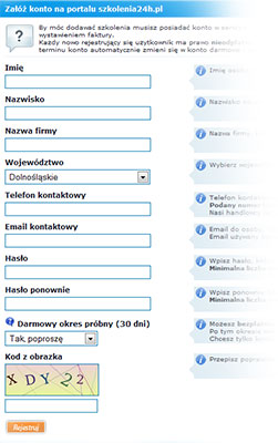 1. Rejestracja 1.1 Strona rejestracji Aby móc w pełni korzystać z portali szkolenia24h.pl / kursy24h.pl należy najpierw założyć konto. Można tego dokonać odwiedzając stronę rejestracji. 1.2 Formularz rejestracyjny dane.