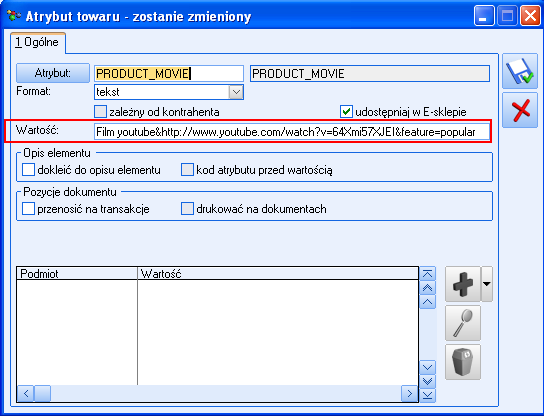 W celu dodania filmu do danego towaru, należy w Comarch OPT!MA dodać odpowiedni atrybut.