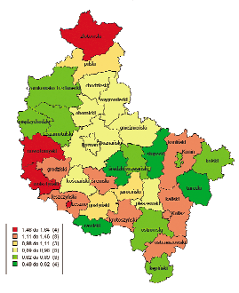 Mapa zachorowań na nowotwory złośliwe u chłopców (a) i dziewcząt (b) w wieku 0-19 lat mieszkańców Wielkopolski.
