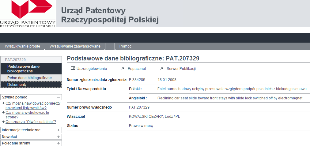 Źródła literatury patentowej Register Plus UPRP patenty krajowe - od PAT.