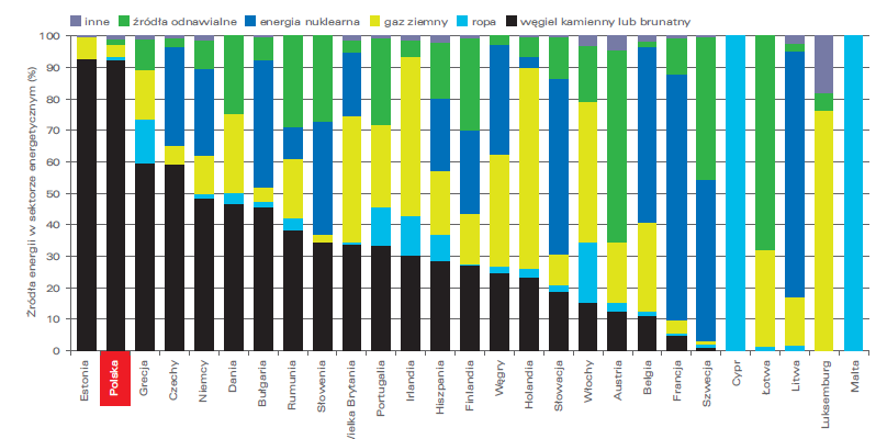 Rys. 2.3. Wykorzystanie nośników energii w sektorze energetycznym w UE (%) [2.4 oprac.