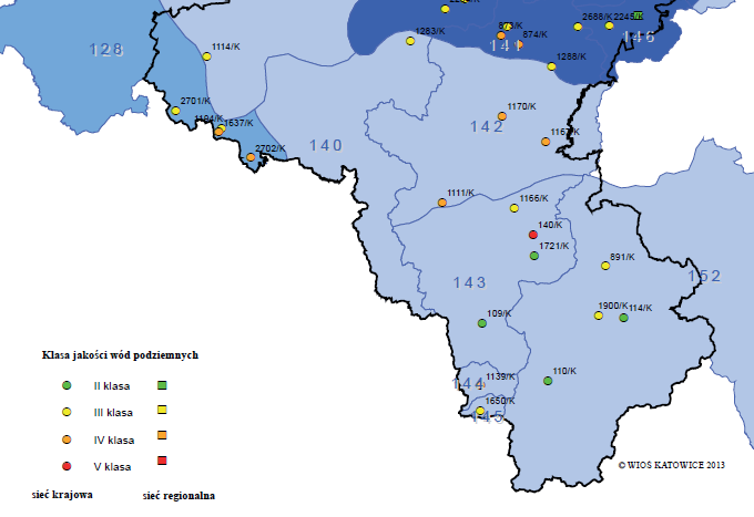 Orientacyjne położenie Gminy Rysunek 6 Jakość wód podziemnych badanych w 2012 roku na terenie województwa śląskiego na tle jednolitych części wód podziemnych; fragment województwa śląskiego Źródło: