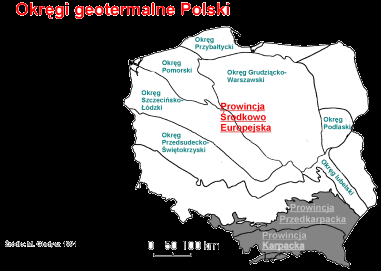 Prowincje i okręgi geotermalne w Polsce: Nazwa regionu/okręgu Obszar [w km 2 ] Formacje geologiczne Zasoby wód geotermalnych [w km 3 ] Zasoby wód geotermalnych [mln tpu]* Objętość wód geotermalnych