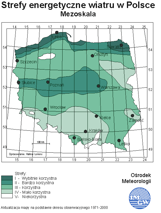 Według opracowanych i opublikowanych przez Instytut Meteorologii i Gospodarki Wodnej map wietrzności dla obszaru Polski wynika, że tereny uprzywilejowane pod względem zasobów energii wiatru to przede