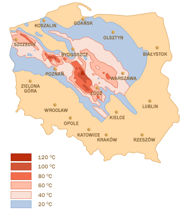 Rozkład gorących wód geotermalnych w Polsce * wg Europejskie Centrum Energii Odnawialnej (EC BREC) Ekoinfo- serwis informacyjny ochrony środowiska Racjonalizacja wykorzystania wód geotermalnych i