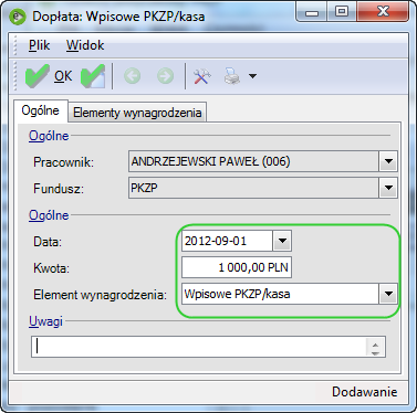 Na wypłacie etatowej zostanie naliczona kwota wpisowego: Rysunek 7 Rozliczenie wpisowego 2.