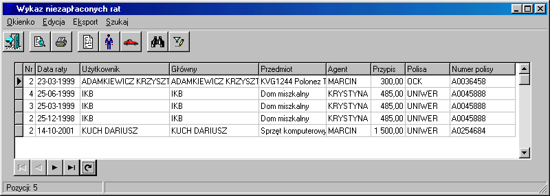 - druku polisy - numerze polisy - kliencie - metodzie płatności - kolejności pozycji wg (data raty, klient, klient główny) - lub numerze raty (jeżeli chcemy np.