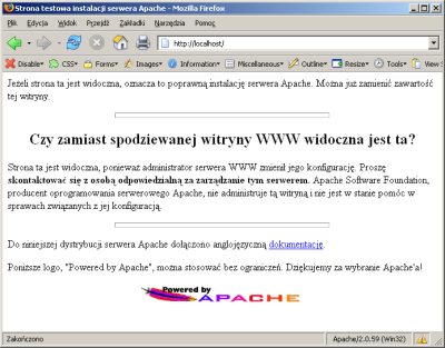 jawi się poniższe okno które potwierdzi nam poprawną konfigurację serwera Apache.