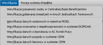 Weryfikacja informacji o beneficjencie Użytkownik Oprogramowania do Obsługi Świadczeń ma możliwość weryfikacji informacji o beneficjentach, za pomocą komunikacji z: z Centralną Bazą Beneficjentów