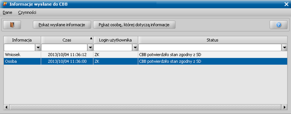 Poszczególne kolumny informują o: rodzaju informacji wysłanej do Centralnej Bazy Danych, np. o osobie, wniosku, decyzji, świadczeniu, adresie, dokumencie tożsamości itd.