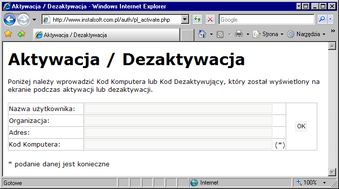 Aktywacja 3. Uruchamiamy przeglądarkę internetową i otwieramy stronę: http://www.instalsoft.com.pl/auth/pl_activate.