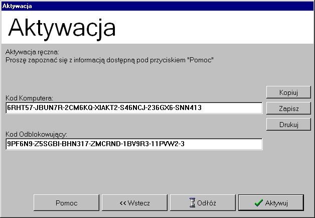 Aktywacja 5. Klikamy OK. Serwer wykona operację i wyświetli Kod Odblokowujący: 6. Kopiujemy Kod Odblokowujący do Notatnika używając klawiszy Ctrl+C / Ctrl+V i zapisujemy plik na dyskietce.