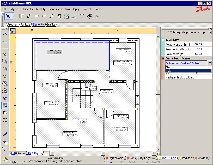 Lekcja 3: Instal-therm 4 HCR + Instal-OZC 4 7. Na kondygnacji Piętro wstawiamy do pomieszczeń element typu Przegroda pozioma: strop. 4.5.