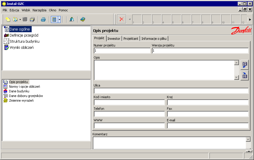 Lekcja 3: Instal-therm 4 HCR + Instal-OZC 4 4.6. Otwarcie projektu i uzupełnienie danych W celu przeprowadzenia obliczeń strat ciepła budynku wczytamy zapisany projekt do programu Instal-OZC 4. 1.