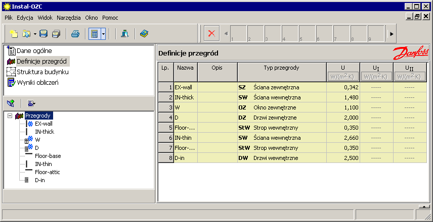 Lekcja 3: Instal-therm 4 HCR + Instal-OZC 4 5. Chcąc stworzyć przegrodę bez zdefiniowanych warstw dodajemy definicję przegrody, wpisujemy nazwę i wybieramy typ.