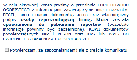 Rysunek 12 Ekran rejestracji klienta. Krok 2/3. Po wybraniu odpowiedniej formy współpracy pojawia się informacja o konieczności przesłania odpowiednich dokumentów.