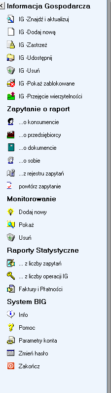 Rysunek 31 - Panel nawigacyjny umożliwiający szybkie przemieszczenie się pomiędzy opcjami aplikacji Systemu BIG. Pierwszą sekcją w panelu nawigacyjnym jest Informacja Gospodarcza.