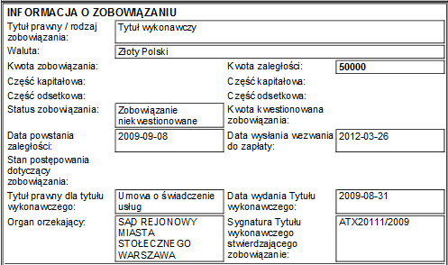 Rysunek 52 - Rezultat przetworzenia Informacji Gospodarczej. W kolejnych segmentach umieszczone są informacje, które zostały wprowadzone do formularza.