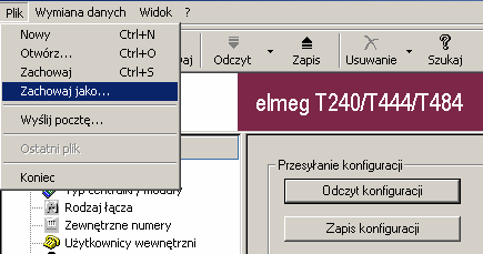 Po odczytaniu danych i dokonaniu jakichkolwiek zmian w konfiguracji można: Zapisać całą konfigurację w pliku na dysku wybierając opcję Plik->Zachowaj jako Uwaga!