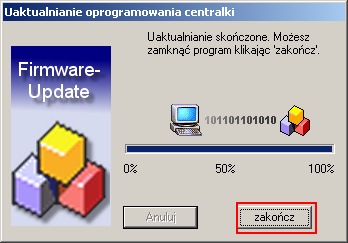 Ropocznie się proces transferu pliku do centralki, po czym uzyskamy komunikat o trwajacej procedurze reset: