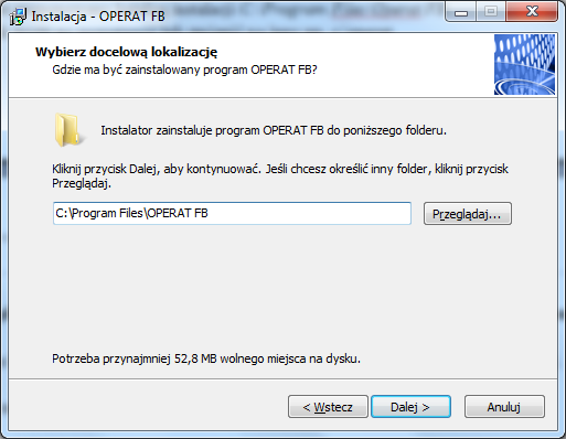 R. Samoć - Instrukcja obsługi pakietu Operat FB - 4 - W oknie jest proponowany katalog instalacji C:\Program Files\Operat FB. Użytkownik może go pozostawić lub zmienić na inny np. c:\operat.