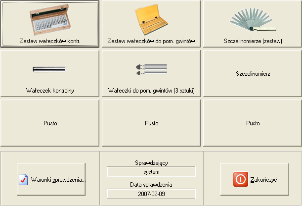 Posiadając zestaw płytek wzorcowych danego producenta możemy jednym kliknięciem załadować taki zestaw przechodząc natychmiast do sprawdzenia elementów kompletu.